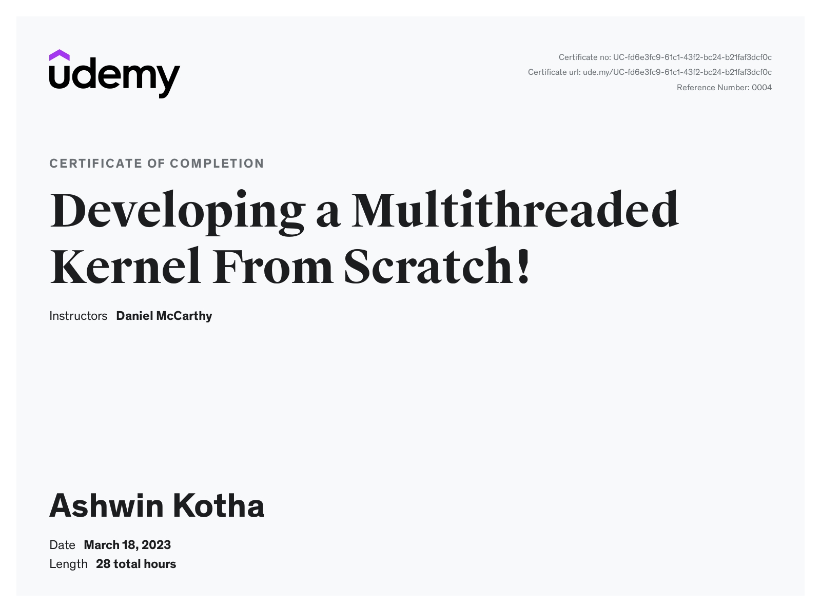 Developing a multithreaded kernel course completion certificate